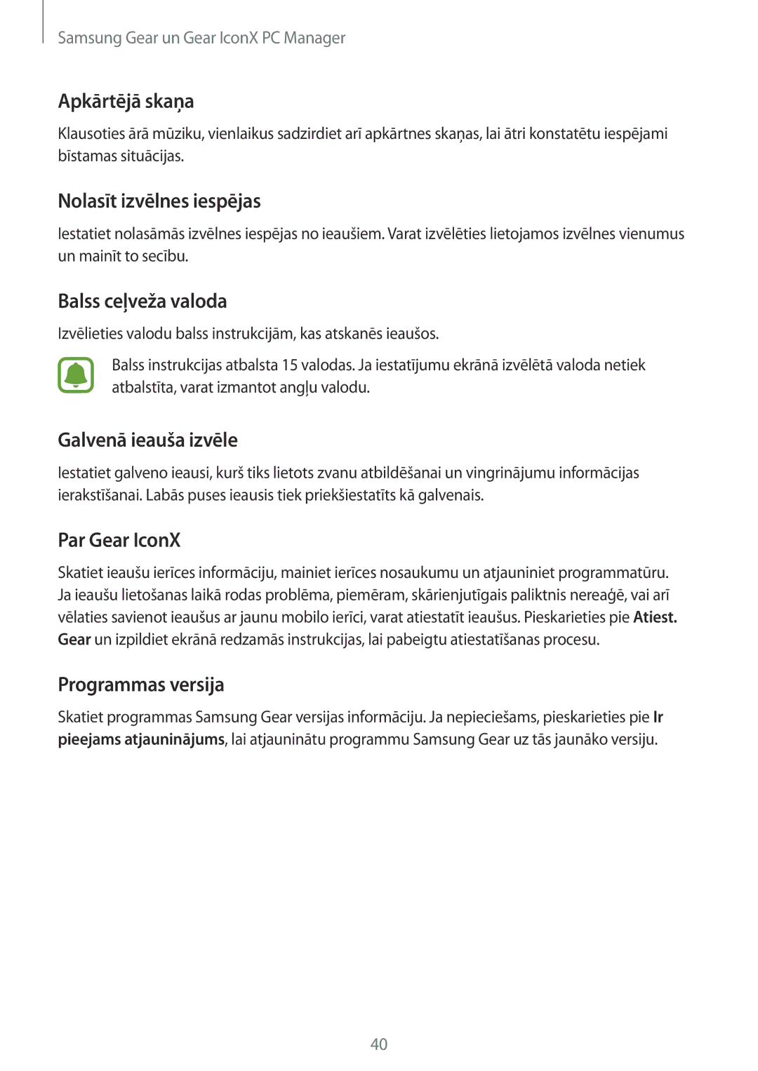 Samsung SM-R150NZBASEB manual Apkārtējā skaņa, Nolasīt izvēlnes iespējas, Balss ceļveža valoda, Galvenā ieauša izvēle 