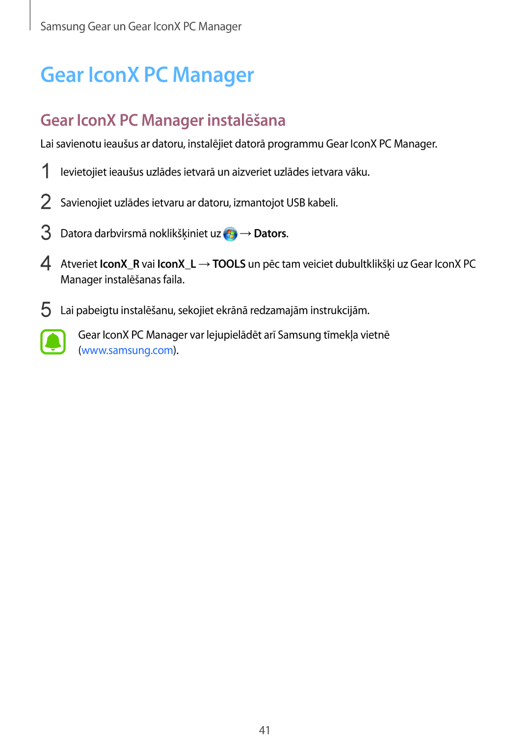 Samsung SM-R150NZWASEB, SM-R150NZKASEB, SM-R150NZBASEB manual Gear IconX PC Manager instalēšana 