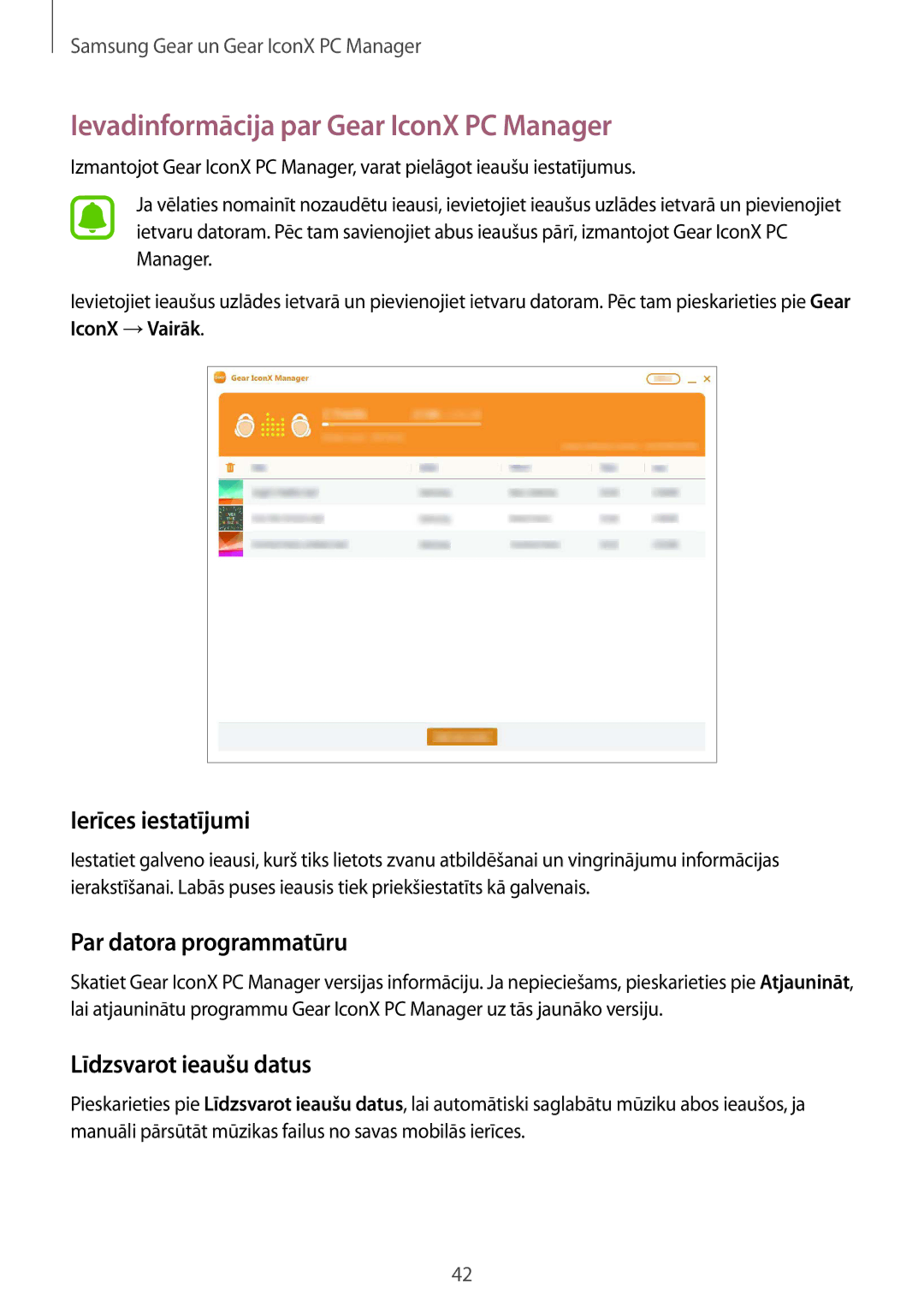 Samsung SM-R150NZKASEB manual Ievadinformācija par Gear IconX PC Manager, Ierīces iestatījumi, Par datora programmatūru 