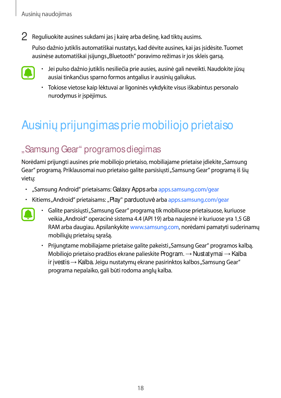 Samsung SM-R150NZKASEB, SM-R150NZBASEB manual Ausinių prijungimas prie mobiliojo prietaiso, „Samsung Gear programos diegimas 