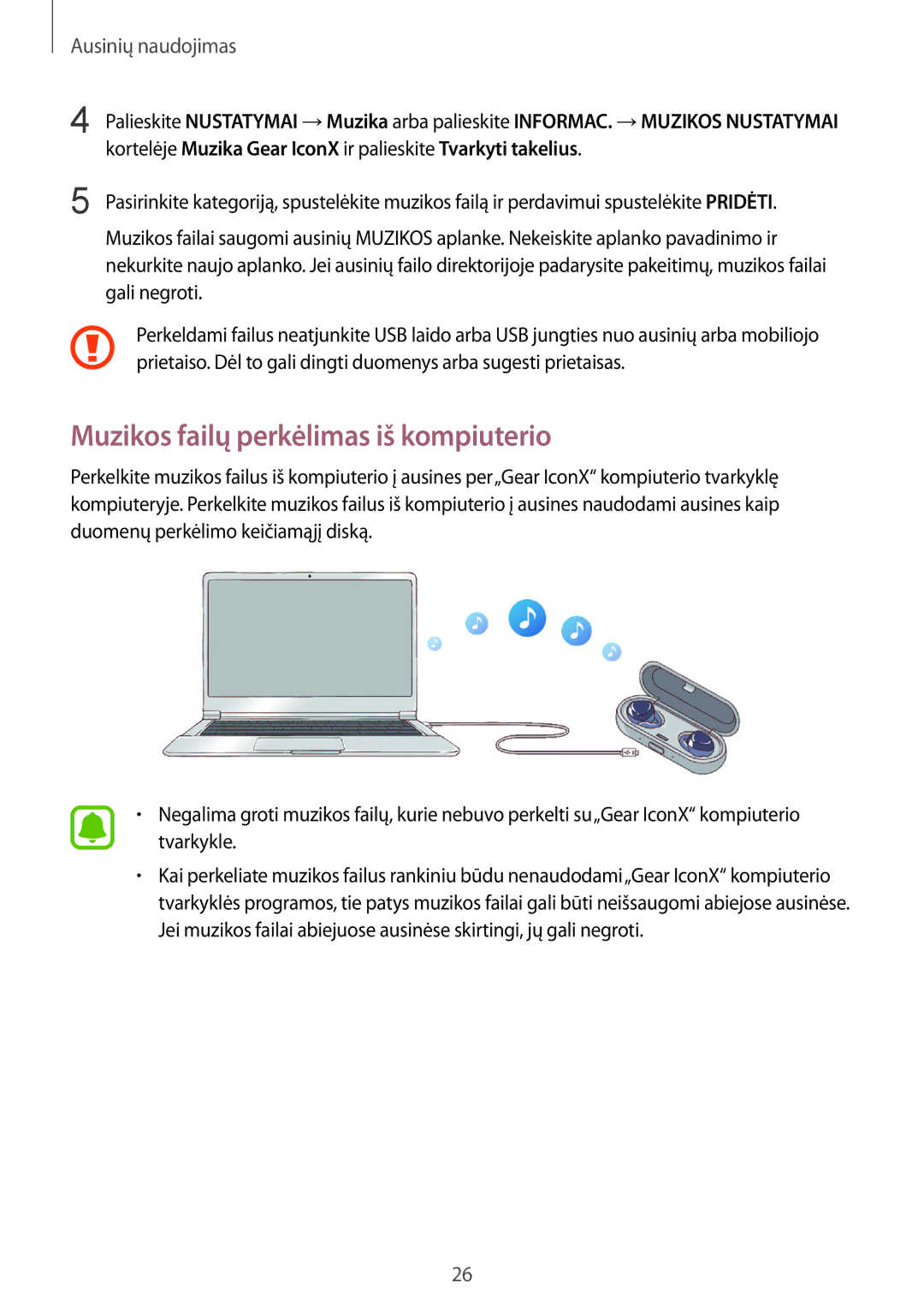 Samsung SM-R150NZWASEB, SM-R150NZKASEB, SM-R150NZBASEB manual Muzikos failų perkėlimas iš kompiuterio 