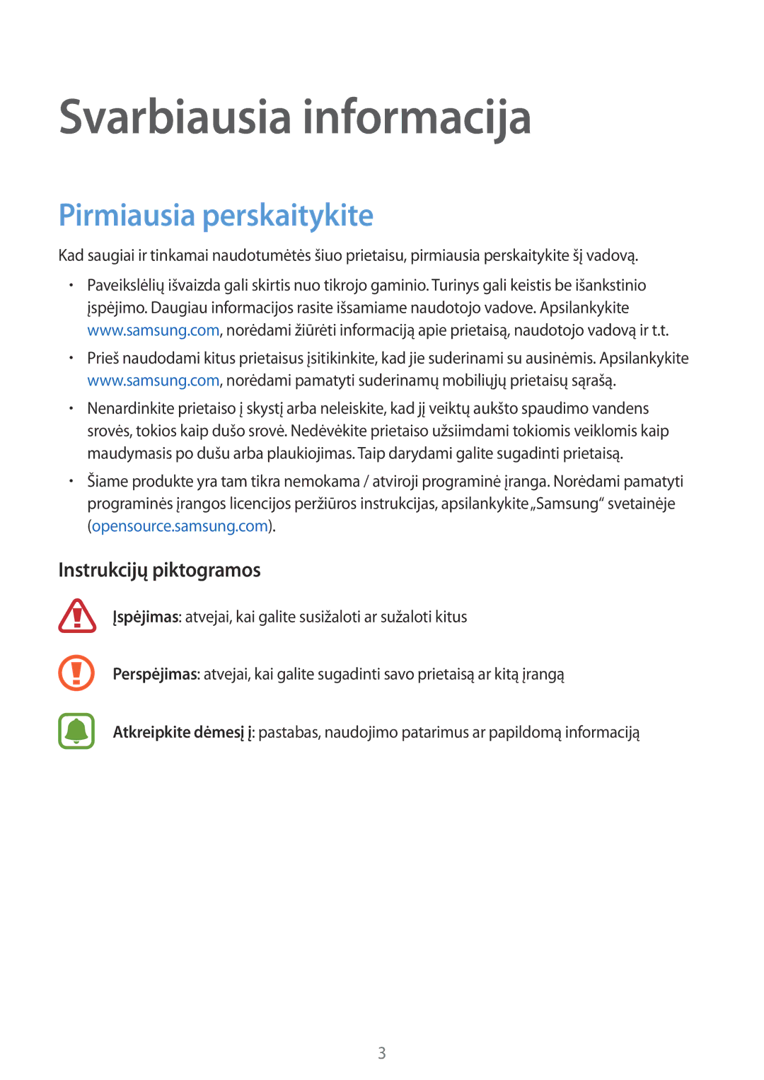 Samsung SM-R150NZKASEB, SM-R150NZBASEB, SM-R150NZWASEB manual Pirmiausia perskaitykite, Instrukcijų piktogramos 