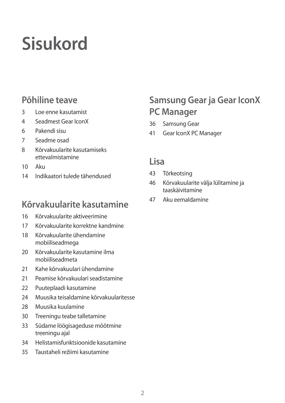 Samsung SM-R150NZWASEB, SM-R150NZKASEB, SM-R150NZBASEB manual Sisukord 