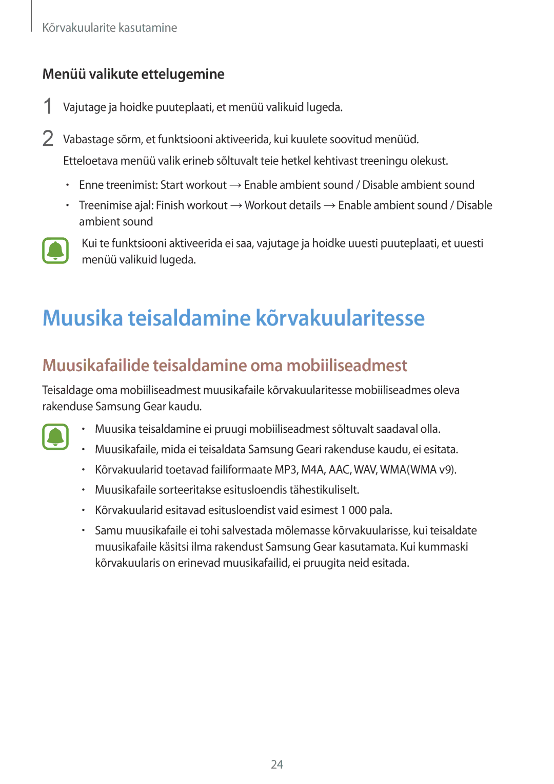 Samsung SM-R150NZKASEB manual Muusika teisaldamine kõrvakuularitesse, Muusikafailide teisaldamine oma mobiiliseadmest 