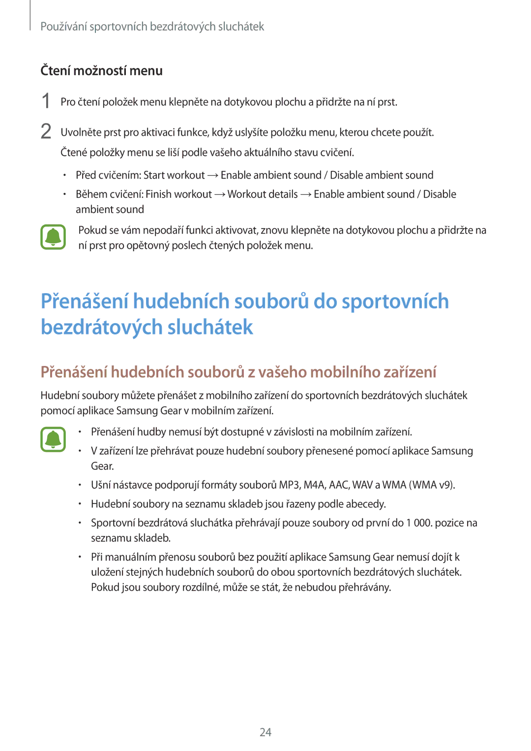 Samsung SM-R150NZWAXEZ manual Přenášení hudebních souborů z vašeho mobilního zařízení, Čtení možností menu 