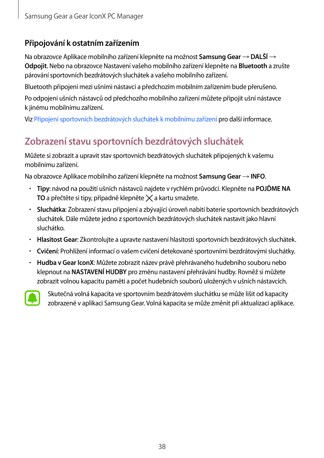 Samsung SM-R150NZWAXEZ manual Zobrazení stavu sportovních bezdrátových sluchátek, Připojování k ostatním zařízením 