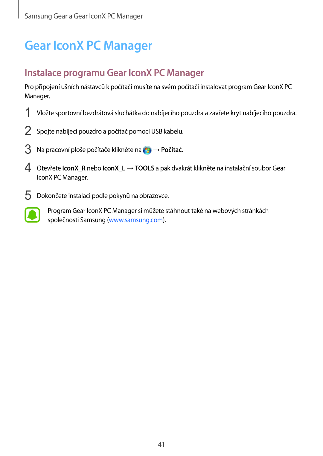 Samsung SM-R150NZWAXEZ manual Instalace programu Gear IconX PC Manager 