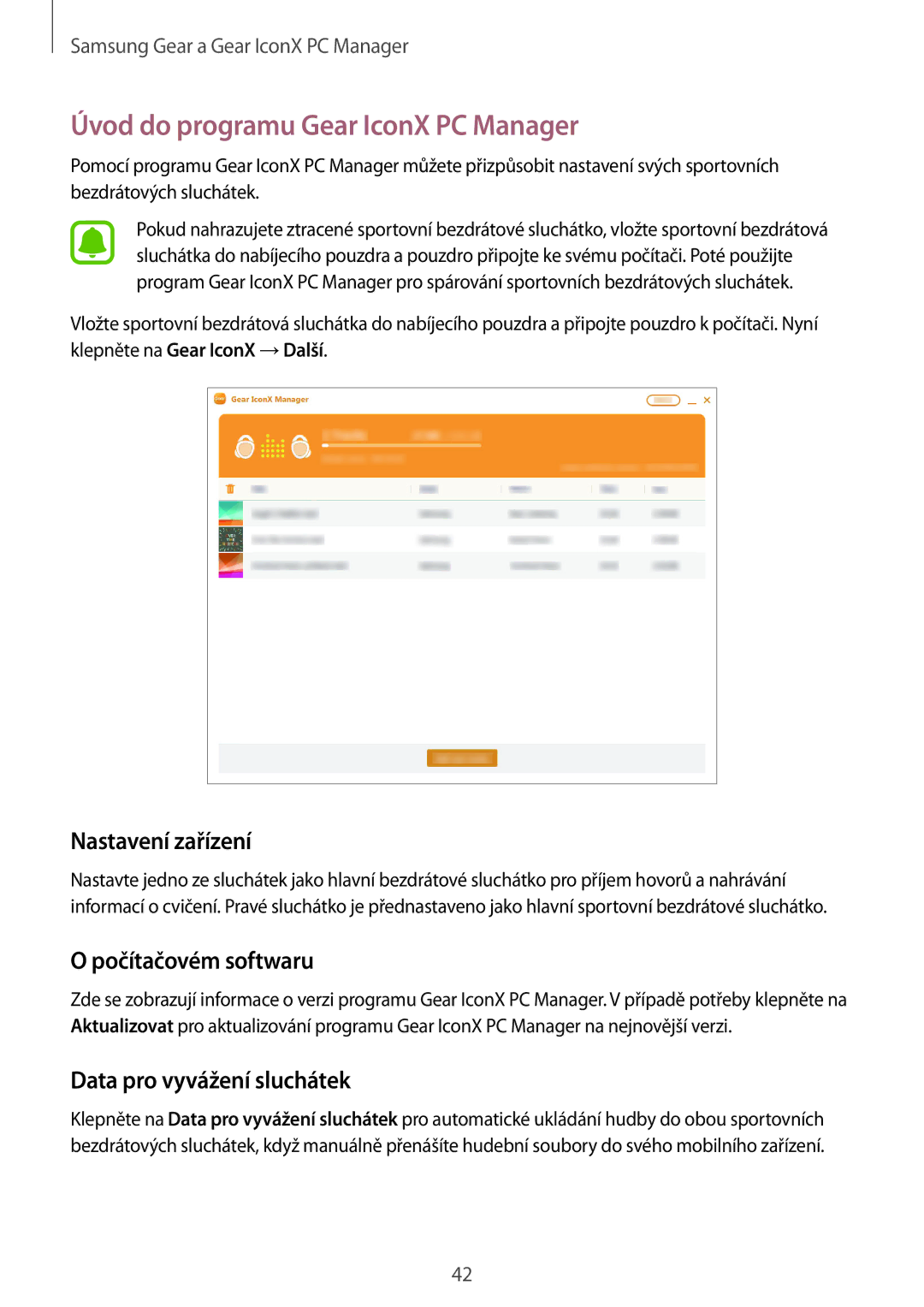 Samsung SM-R150NZWAXEZ manual Úvod do programu Gear IconX PC Manager, Nastavení zařízení, Počítačovém softwaru 