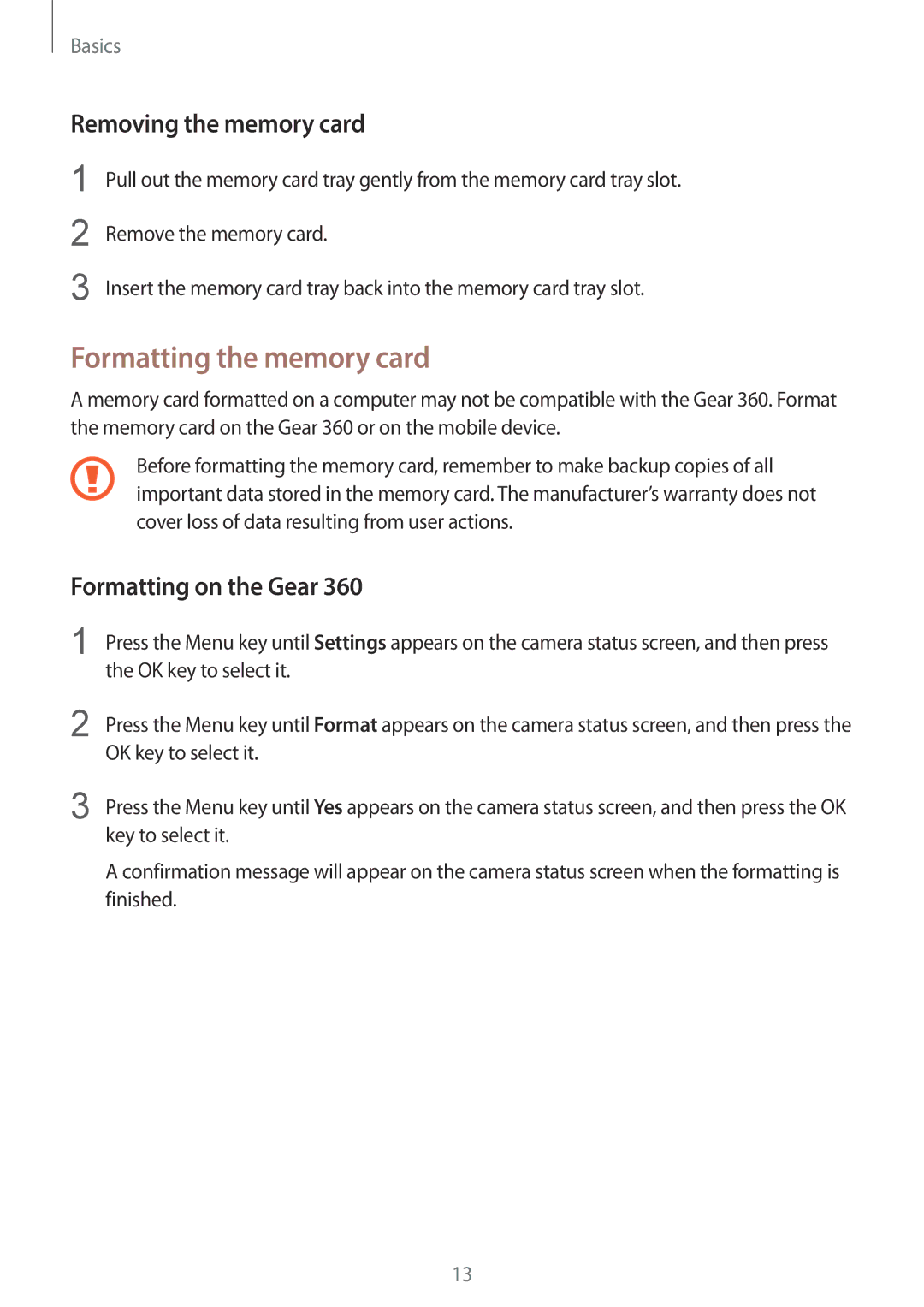 Samsung SM-R210NZWAXXV, SM-R210NZWADBT manual Formatting the memory card, Removing the memory card, Formatting on the Gear 