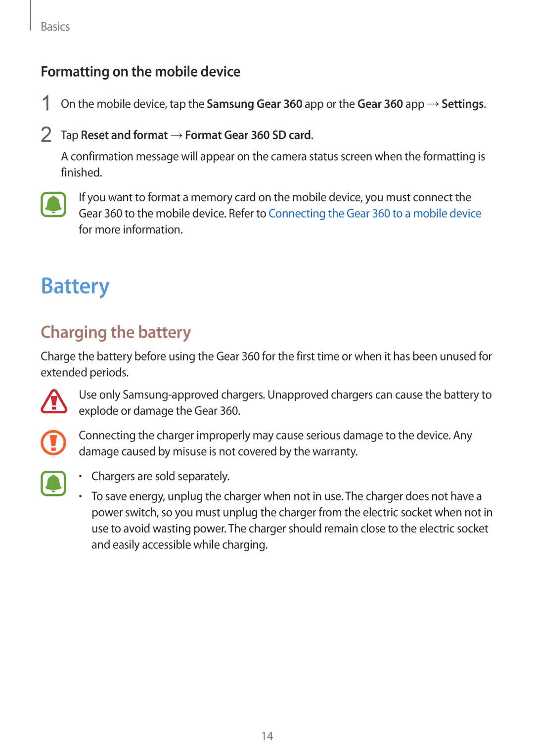 Samsung SM-R210NZWABGL, SM-R210NZWADBT, SM-R210NZWAXEF manual Battery, Charging the battery, Formatting on the mobile device 