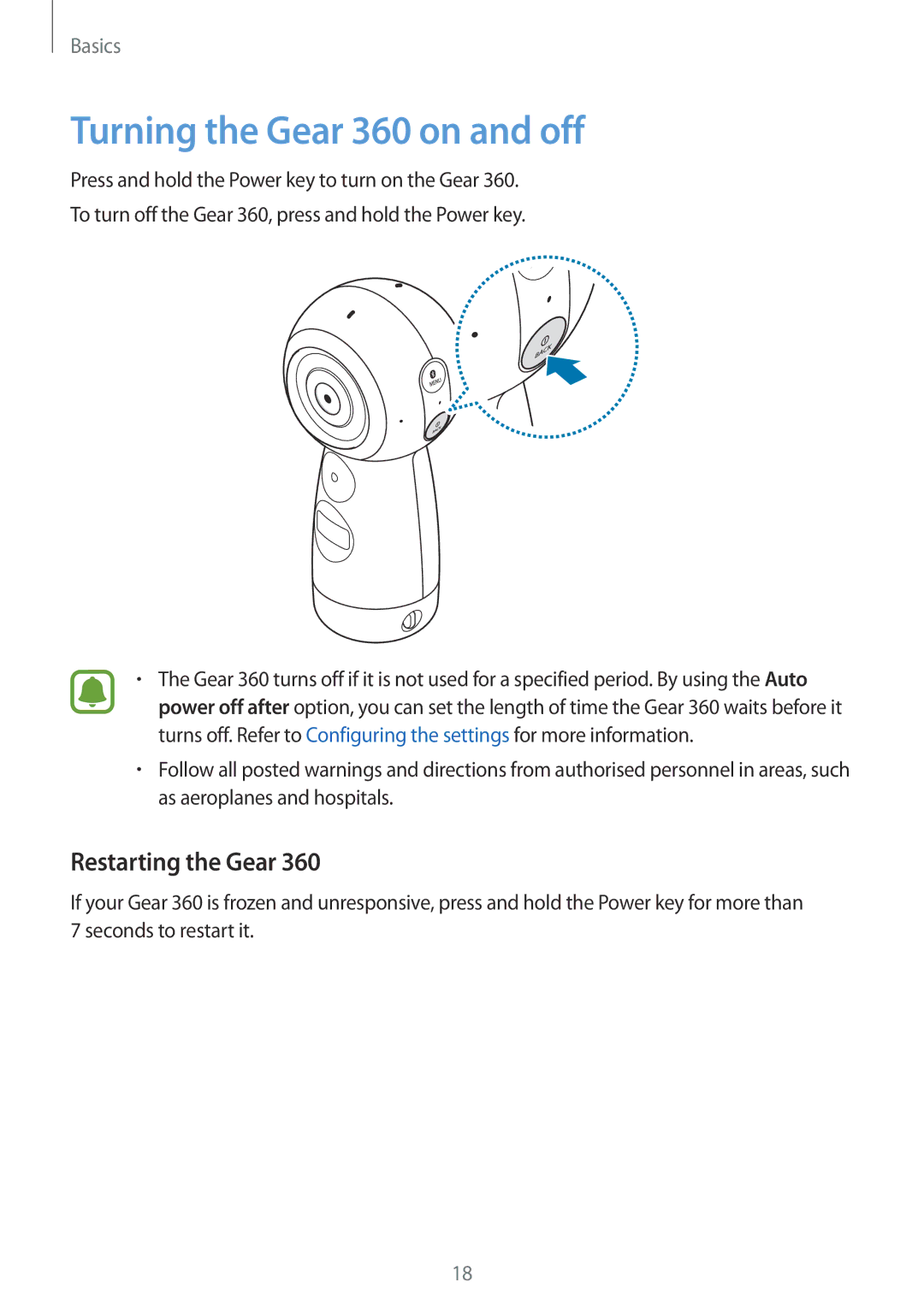 Samsung SM-R210NZWADBT, SM-R210NZWAXEF, SM-R210NZWAITV, SM-R210NZWAPHE Turning the Gear 360 on and off, Restarting the Gear 