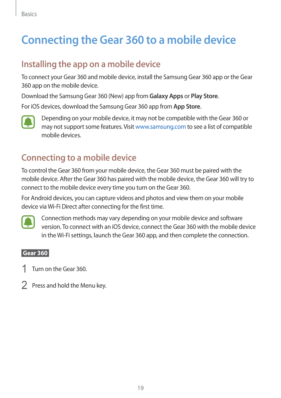 Samsung SM-R210NZWAXEF, SM-R210NZWADBT Connecting the Gear 360 to a mobile device, Installing the app on a mobile device 