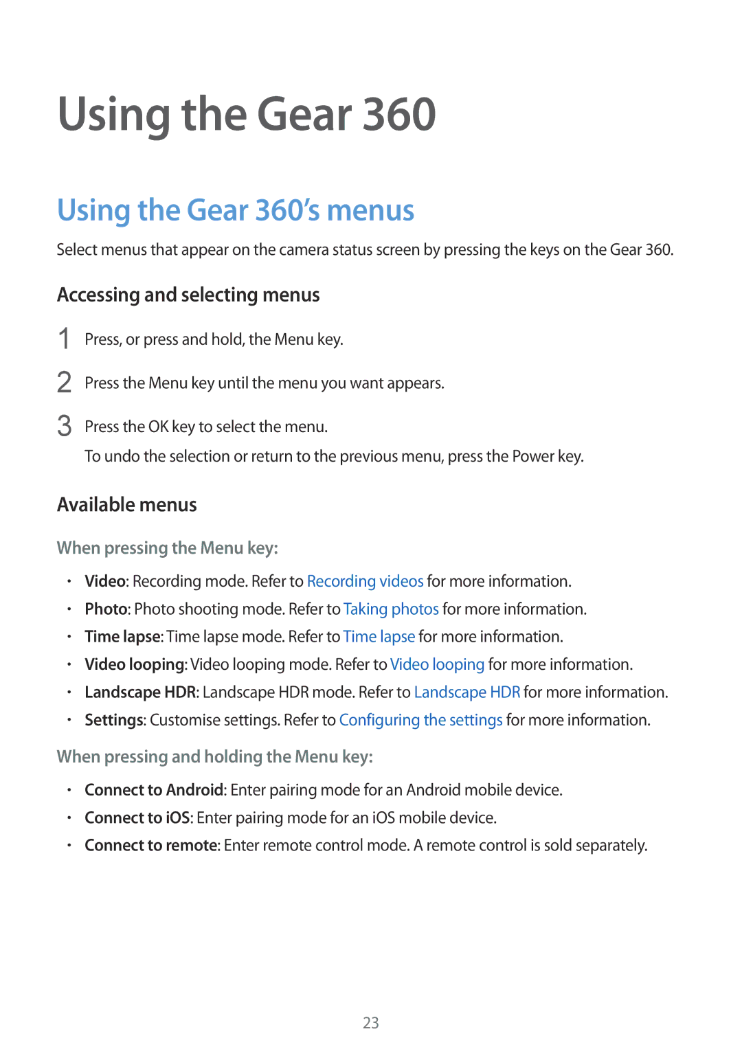 Samsung SM-R210NZWABGL, SM-R210NZWADBT manual Using the Gear 360’s menus, Accessing and selecting menus, Available menus 