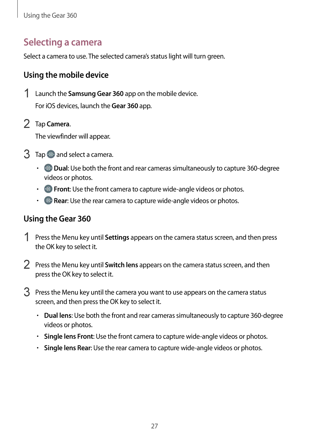 Samsung SM-R210NZWADBT, SM-R210NZWAXEF manual Selecting a camera, Using the mobile device, Using the Gear, Tap Camera 