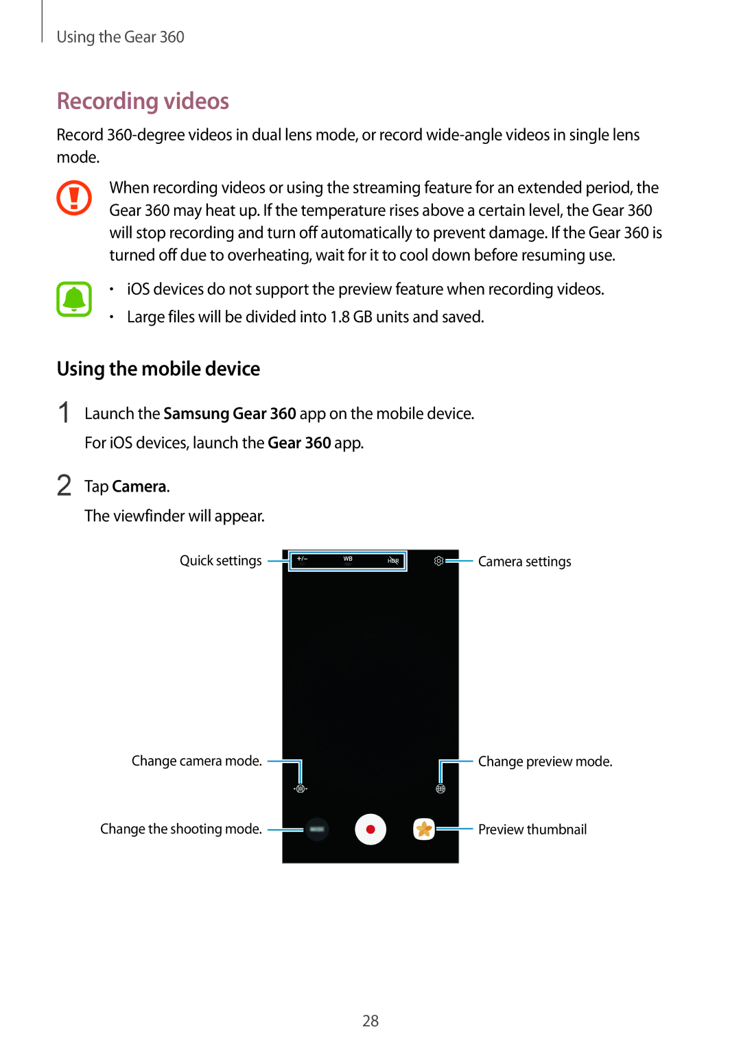 Samsung SM-R210NZWAXEF, SM-R210NZWADBT, SM-R210NZWAITV, SM-R210NZWAPHE manual Recording videos, Viewfinder will appear 