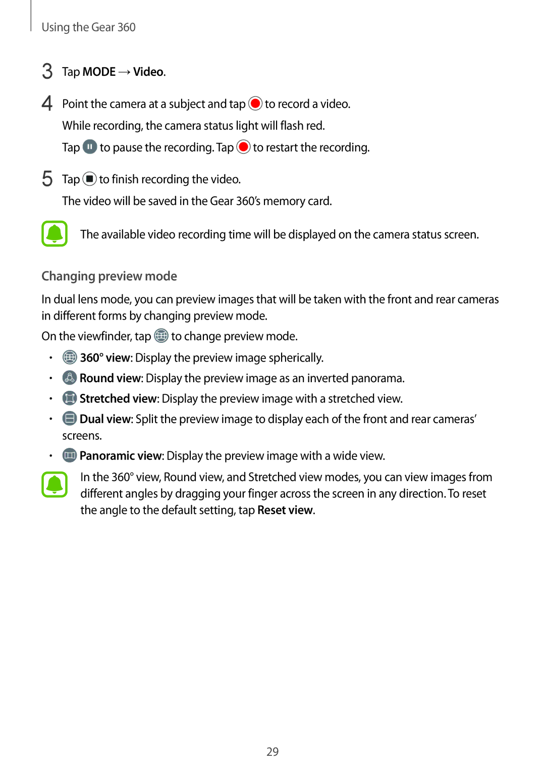 Samsung SM-R210NZWAITV, SM-R210NZWADBT, SM-R210NZWAXEF, SM-R210NZWAPHE, SM-R210NZWAXXV Changing preview mode, Tap Mode →Video 