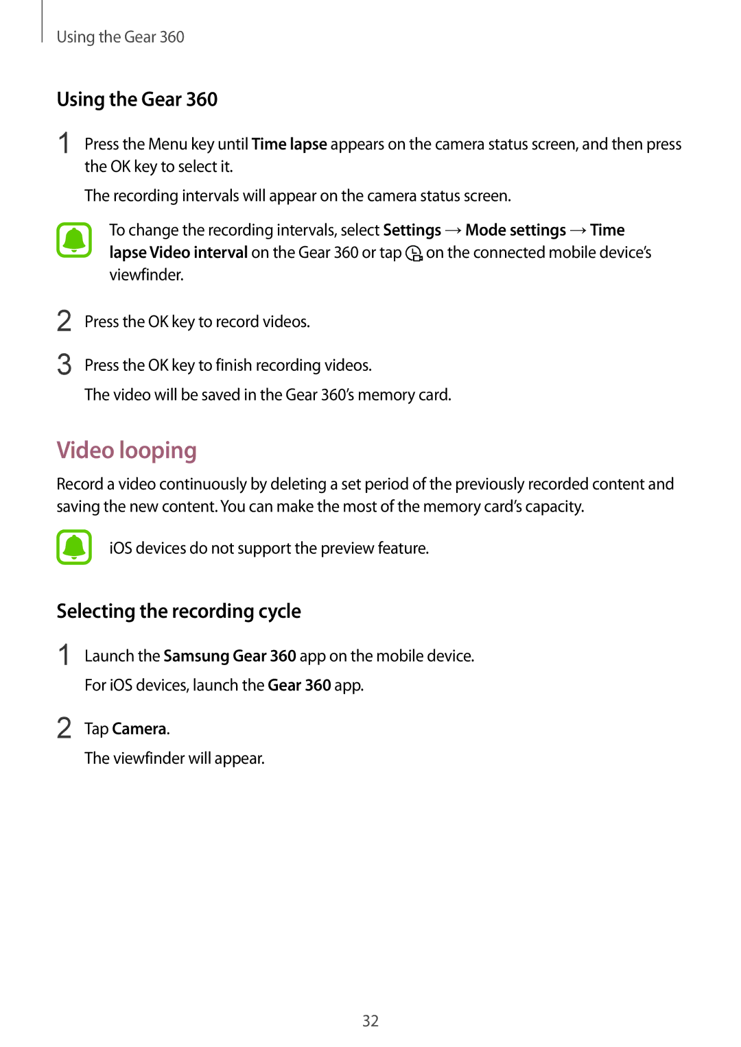 Samsung SM-R210NZWABGL, SM-R210NZWADBT, SM-R210NZWAXEF, SM-R210NZWAITV manual Video looping, Selecting the recording cycle 