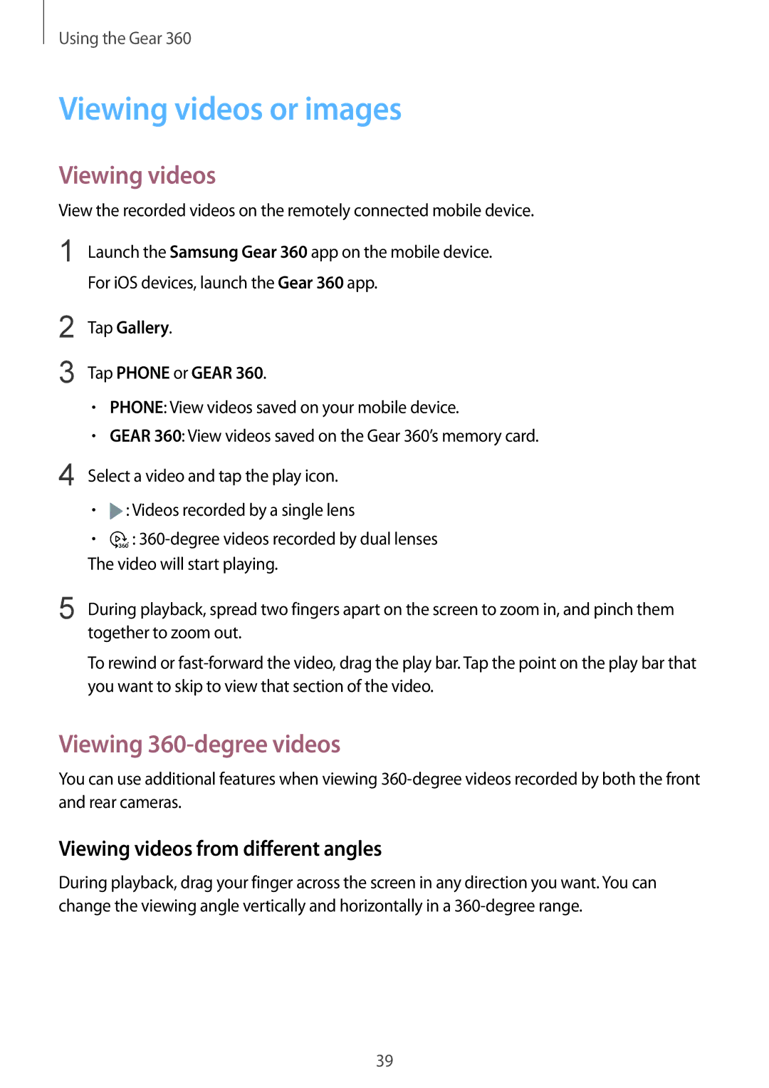 Samsung SM-R210NZWAPHE manual Viewing videos or images, Viewing 360-degree videos, Viewing videos from different angles 