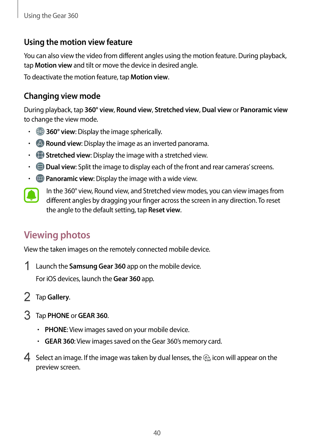 Samsung SM-R210NZWAXXV, SM-R210NZWADBT, SM-R210NZWAXEF Viewing photos, Using the motion view feature, Changing view mode 