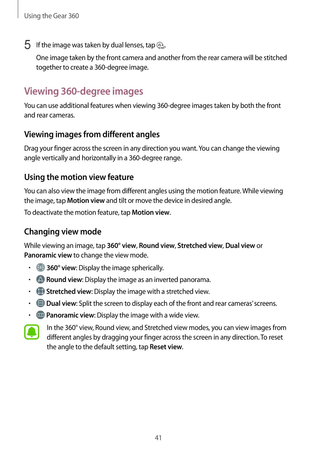 Samsung SM-R210NZWABGL, SM-R210NZWADBT, SM-R210NZWAXEF manual Viewing 360-degree images, Viewing images from different angles 