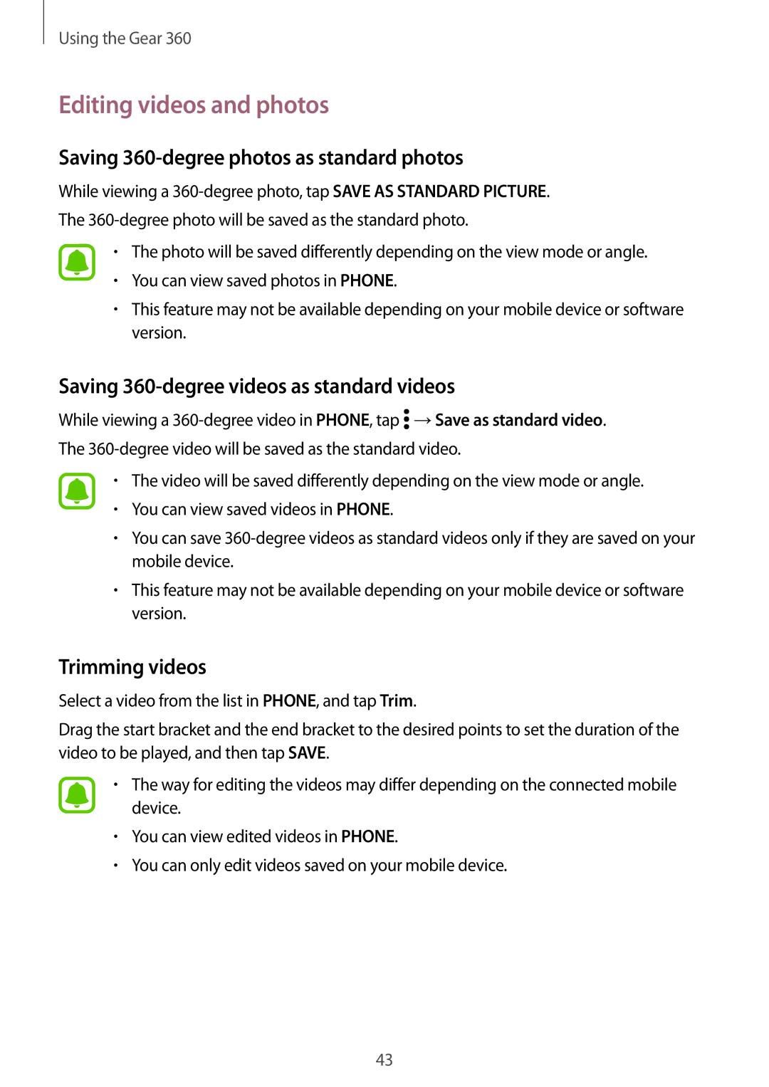 Samsung SM-R210NZWASEB manual Editing videos and photos, Saving 360-degree photos as standard photos, Trimming videos 