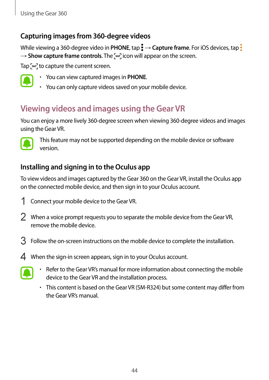 Samsung SM-R210NZWAEUR manual Viewing videos and images using the Gear VR, Capturing images from 360-degree videos 