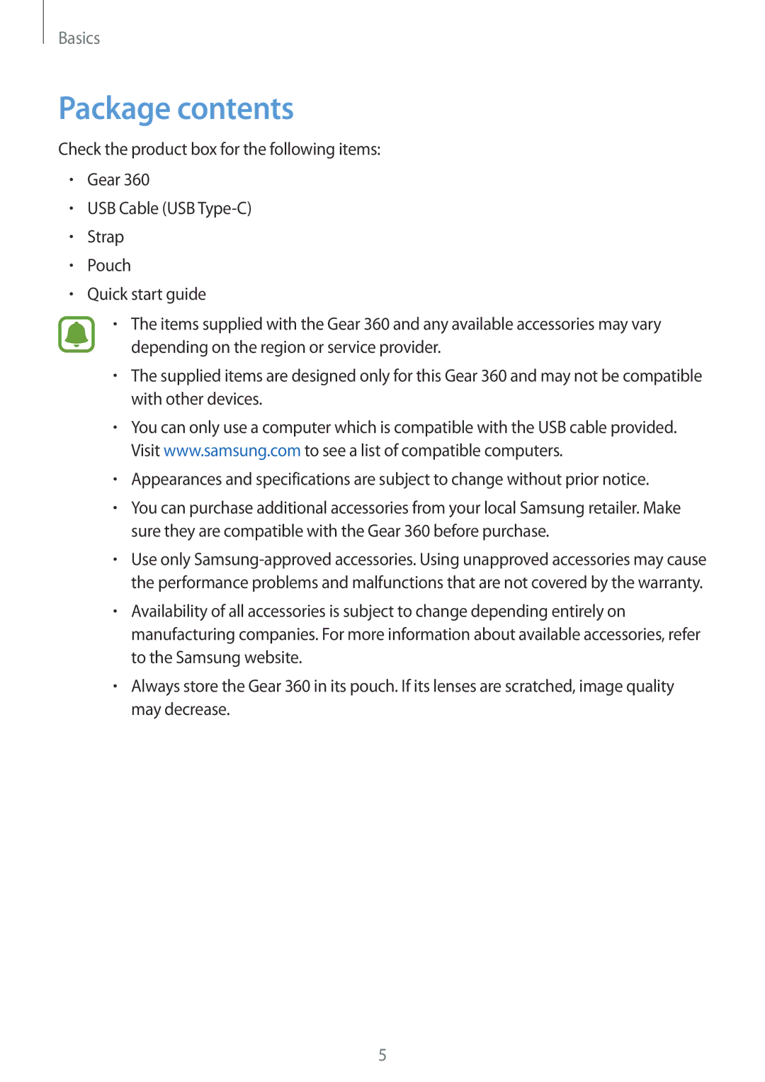 Samsung SM-R210NZWABGL, SM-R210NZWADBT, SM-R210NZWAXEF, SM-R210NZWAITV, SM-R210NZWAPHE, SM-R210NZWAXXV manual Package contents 