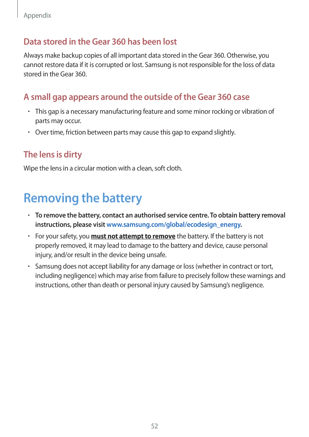 Samsung SM-R210NZWASEB, SM-R210NZWADBT, SM-R210NZWAXEF manual Removing the battery, Data stored in the Gear 360 has been lost 