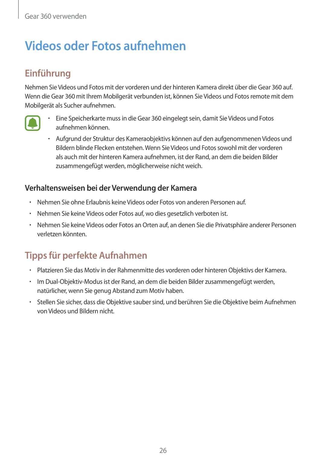 Samsung SM-R210NZWADBT manual Videos oder Fotos aufnehmen, Einführung, Tipps für perfekte Aufnahmen 