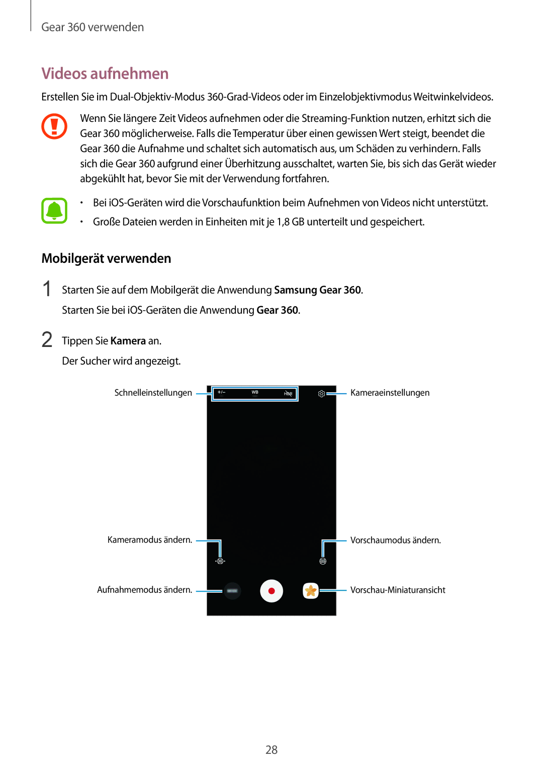 Samsung SM-R210NZWADBT manual Videos aufnehmen, Tippen Sie Kamera an. Der Sucher wird angezeigt 