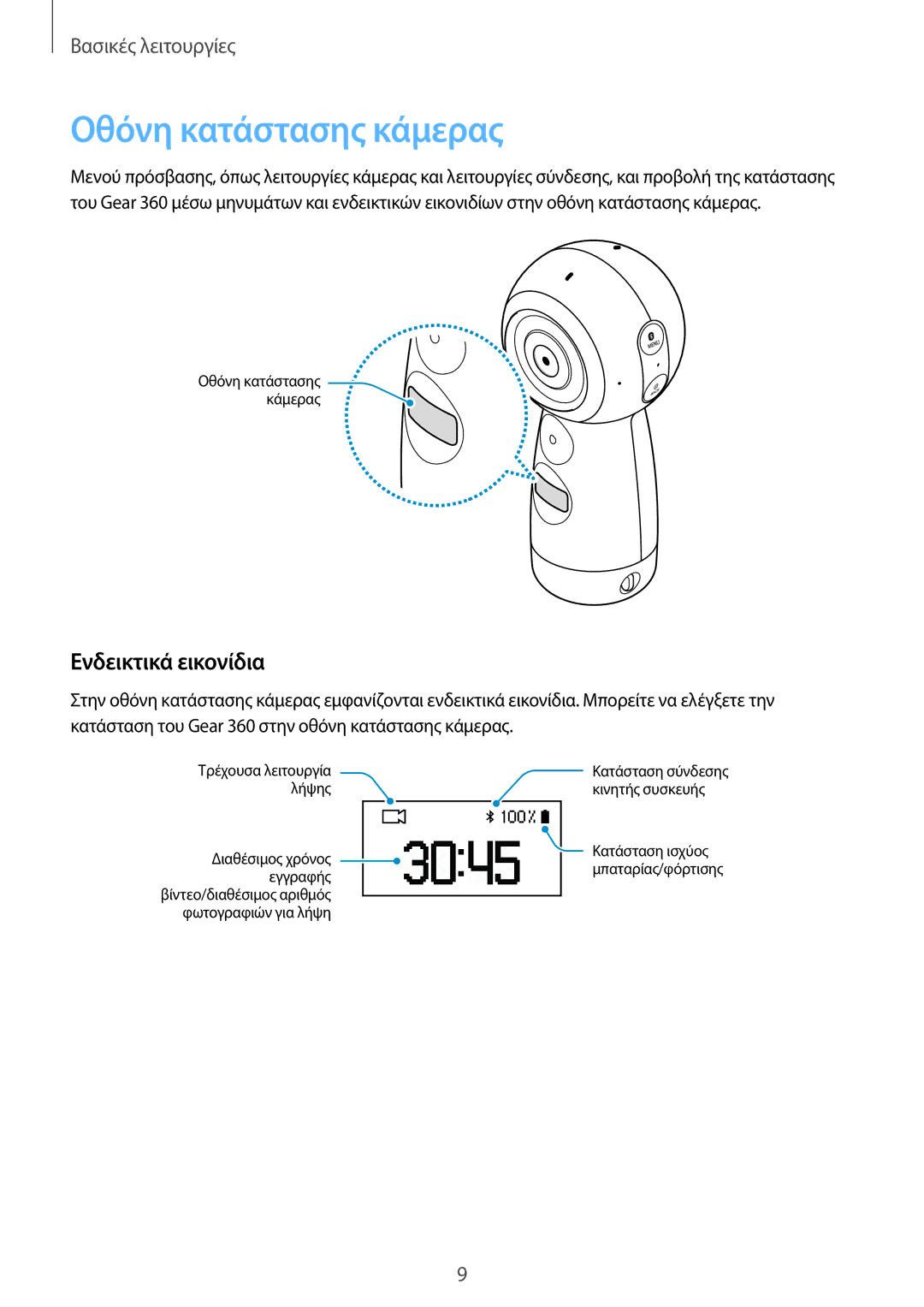 Samsung SM-R210NZWAEUR manual Οθόνη κατάστασης κάμερας, Ενδεικτικά εικονίδια 