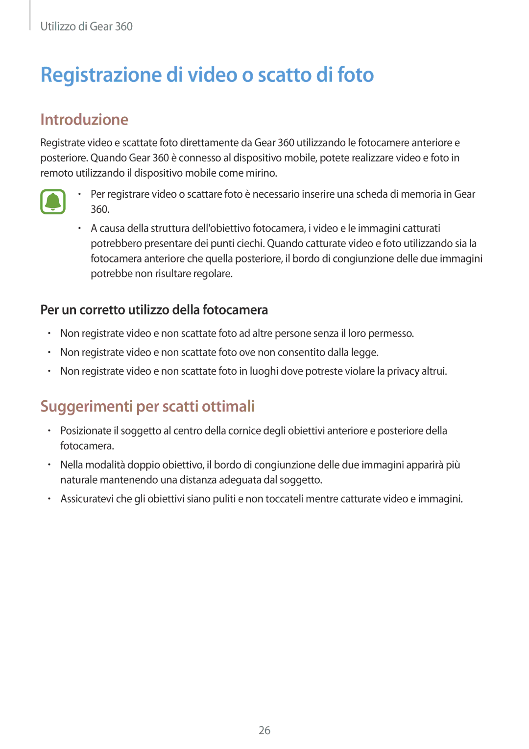 Samsung SM-R210NZWAITV manual Registrazione di video o scatto di foto, Introduzione, Suggerimenti per scatti ottimali 