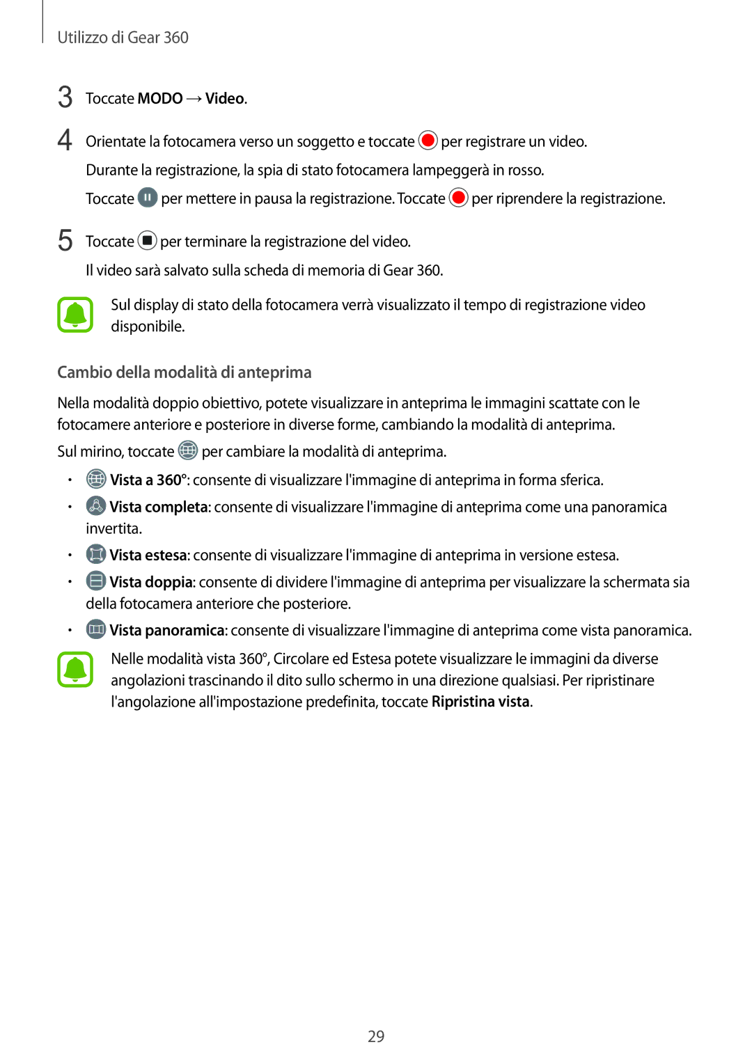 Samsung SM-R210NZWAITV manual Cambio della modalità di anteprima 