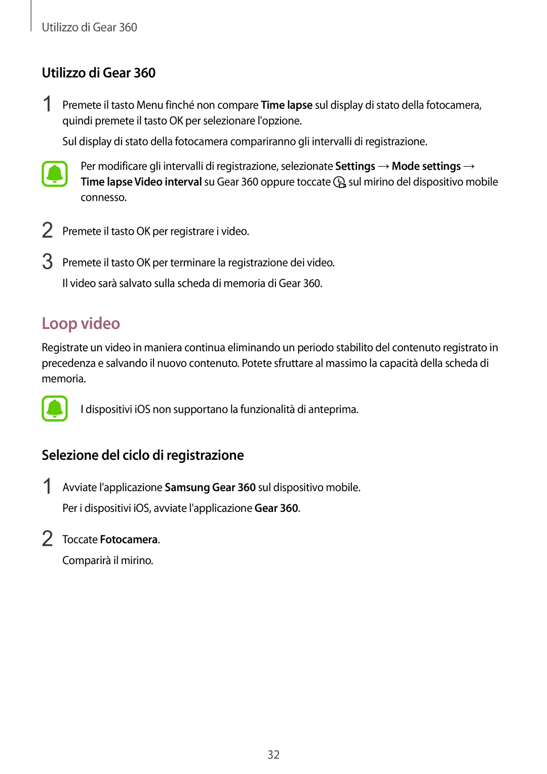 Samsung SM-R210NZWAITV manual Loop video, Selezione del ciclo di registrazione 