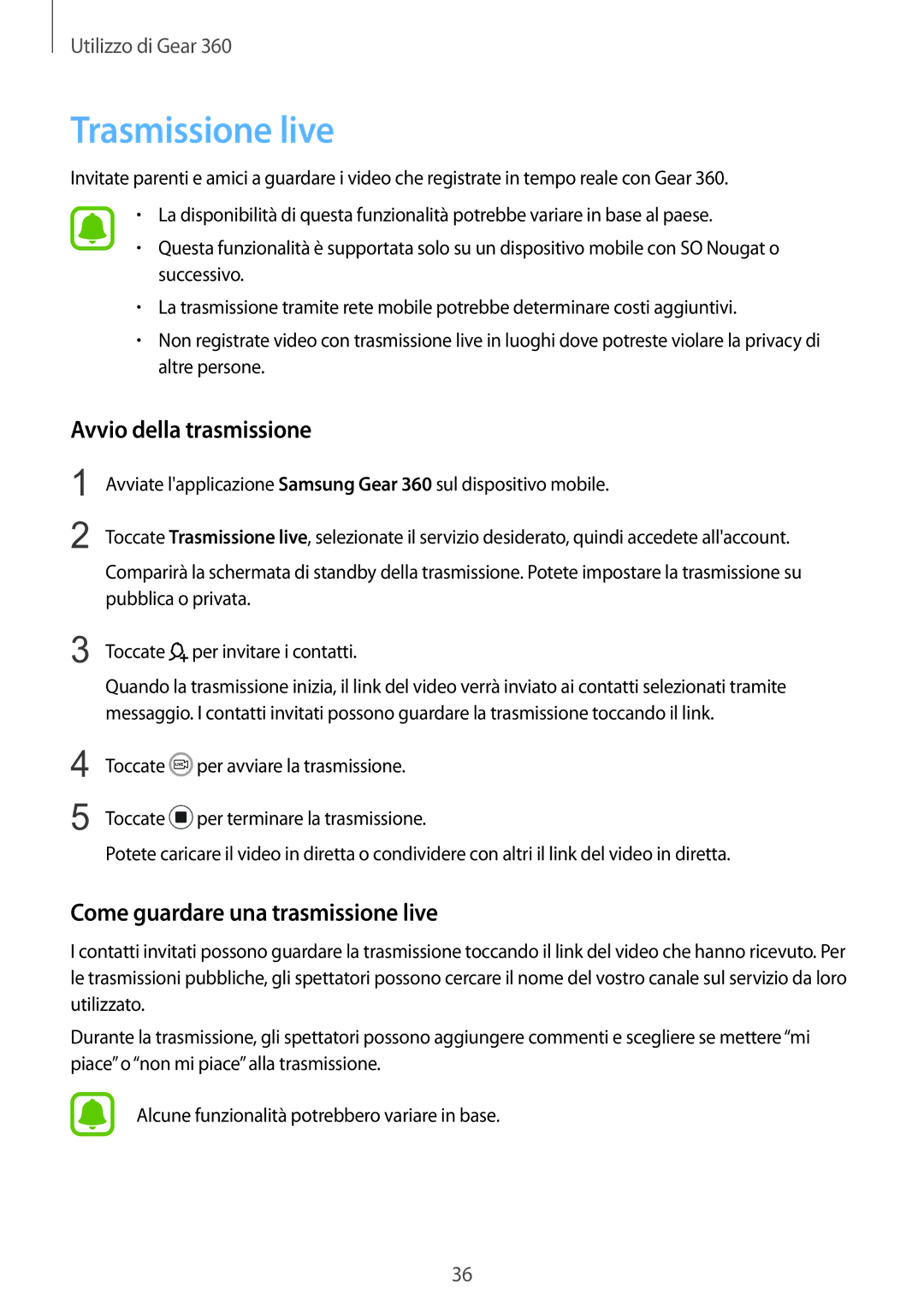 Samsung SM-R210NZWAITV manual Trasmissione live, Avvio della trasmissione, Come guardare una trasmissione live 