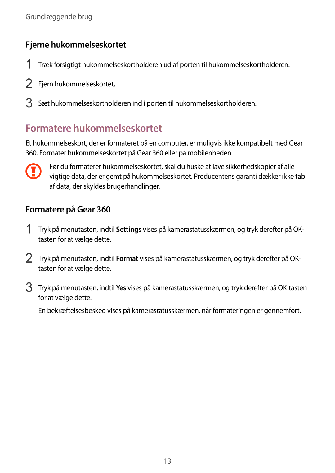 Samsung SM-R210NZWANEE manual Formatere hukommelseskortet, Fjerne hukommelseskortet, Formatere på Gear 