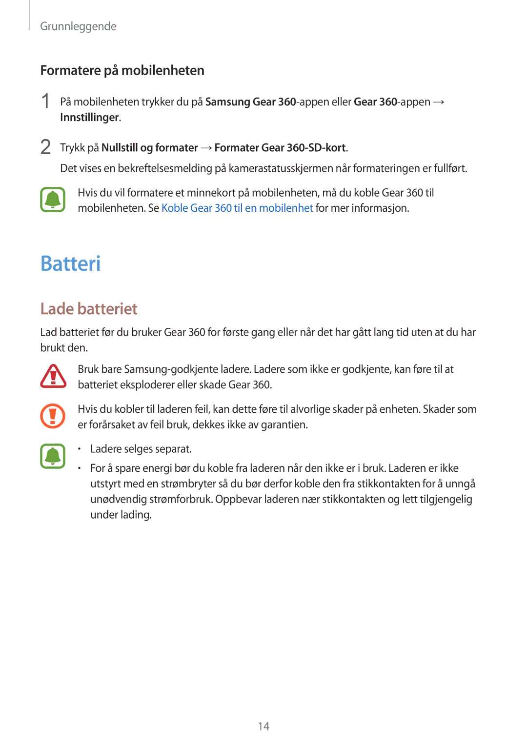 Samsung SM-R210NZWANEE manual Batteri, Lade batteriet, Formatere på mobilenheten 