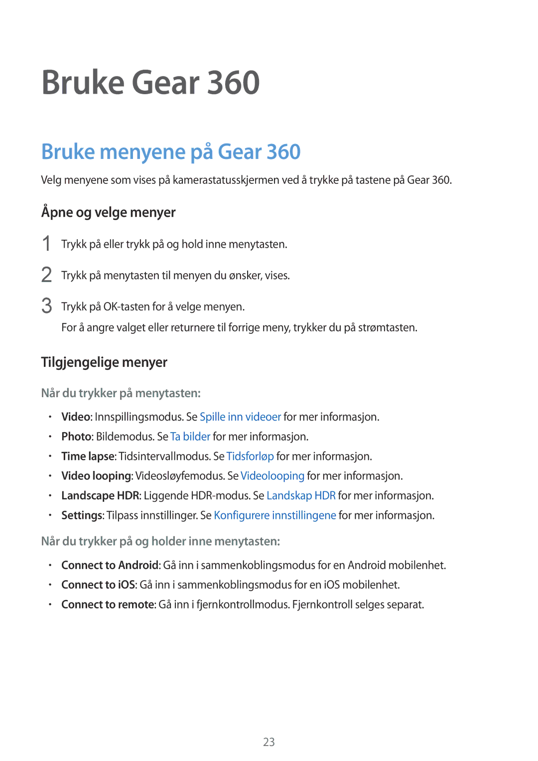 Samsung SM-R210NZWANEE manual Bruke menyene på Gear, Åpne og velge menyer, Tilgjengelige menyer 