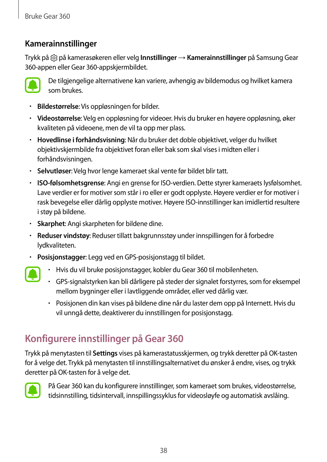 Samsung SM-R210NZWANEE manual Konfigurere innstillinger på Gear, Kamerainnstillinger 