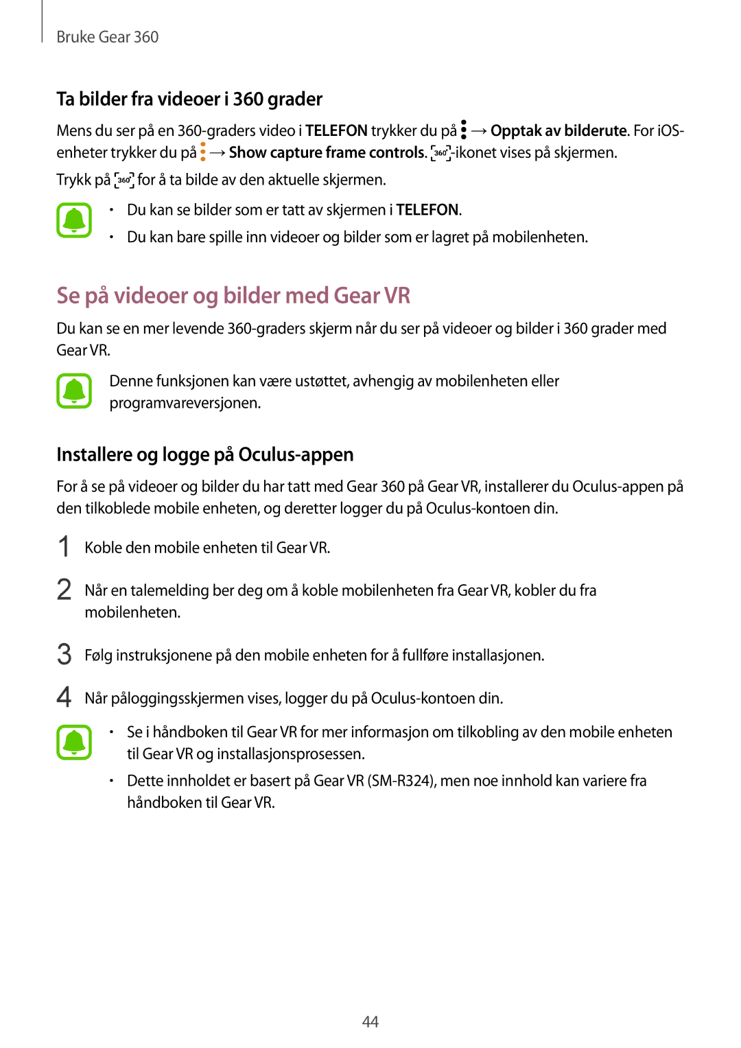 Samsung SM-R210NZWANEE manual Se på videoer og bilder med Gear VR, Ta bilder fra videoer i 360 grader 