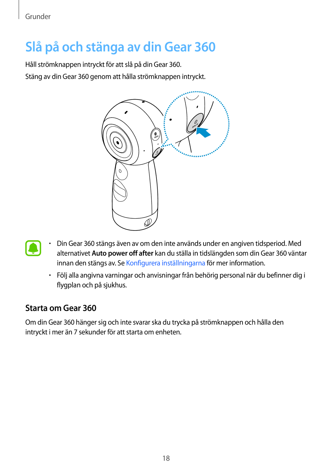 Samsung SM-R210NZWANEE manual Slå på och stänga av din Gear, Starta om Gear 