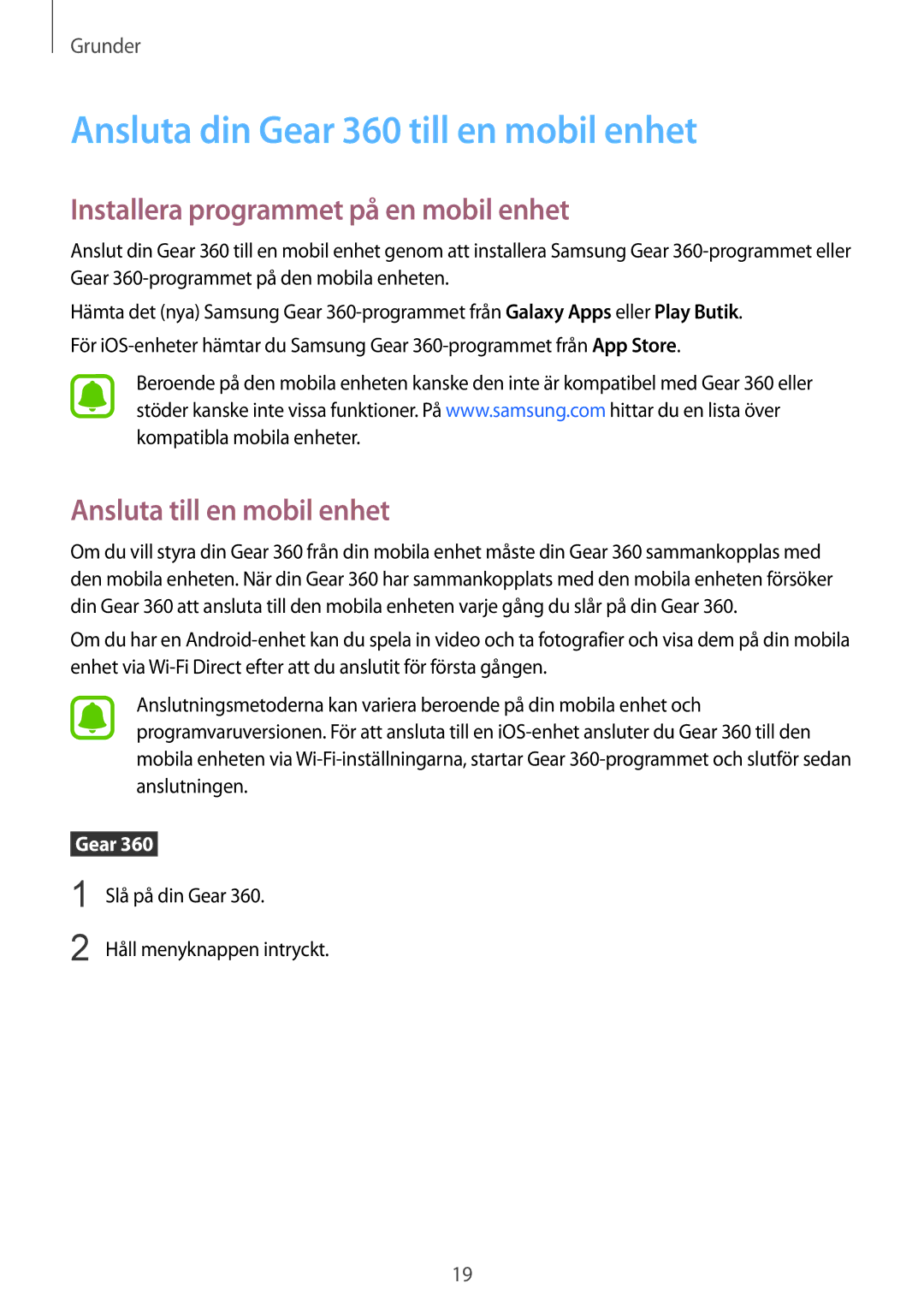 Samsung SM-R210NZWANEE manual Ansluta din Gear 360 till en mobil enhet, Installera programmet på en mobil enhet 