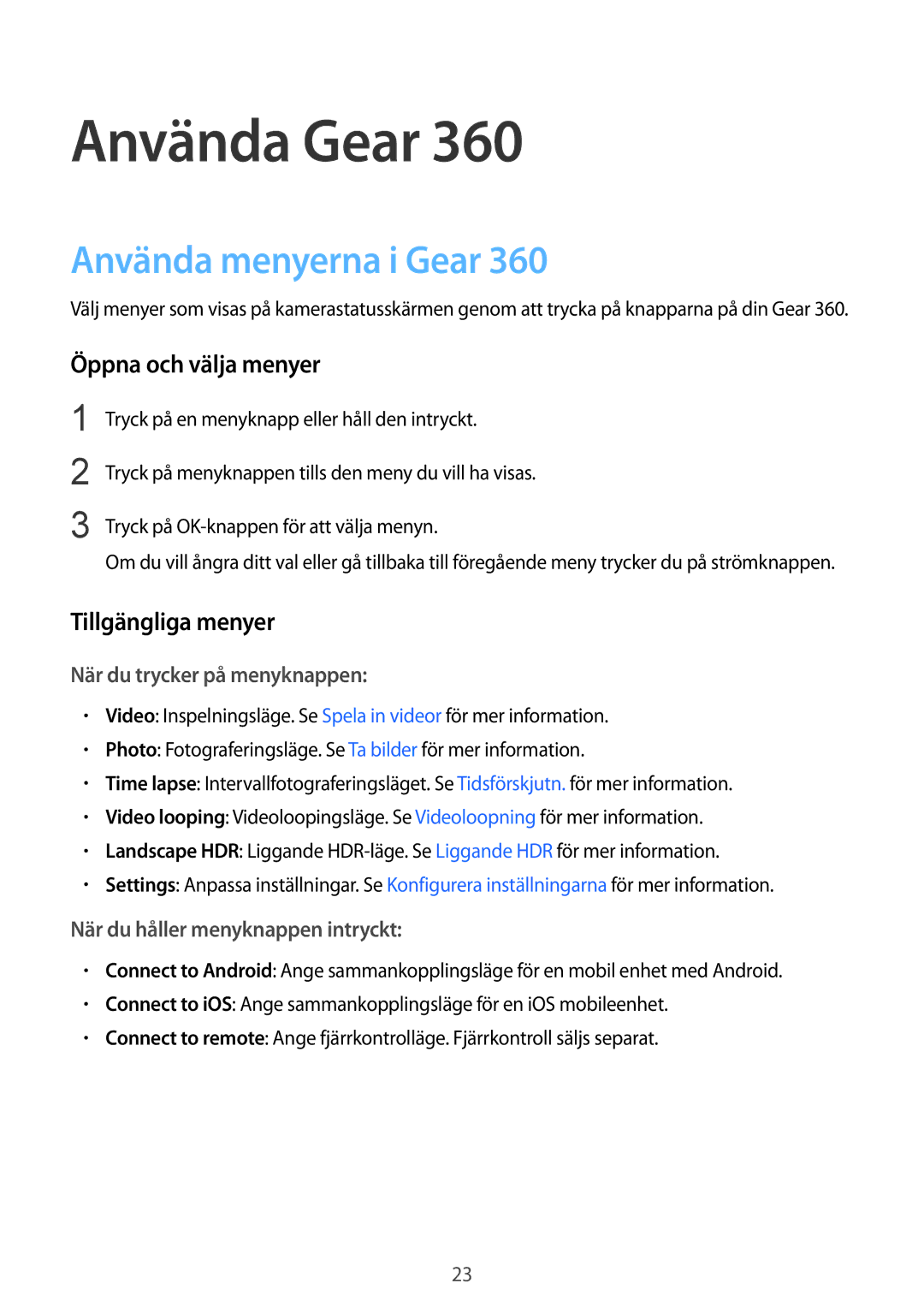 Samsung SM-R210NZWANEE manual Använda menyerna i Gear, Öppna och välja menyer, Tillgängliga menyer 