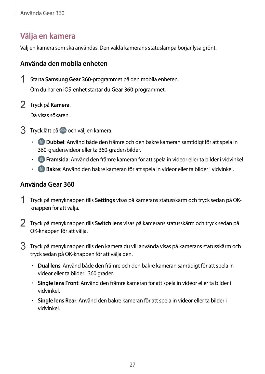 Samsung SM-R210NZWANEE manual Välja en kamera, Använda den mobila enheten, Använda Gear 