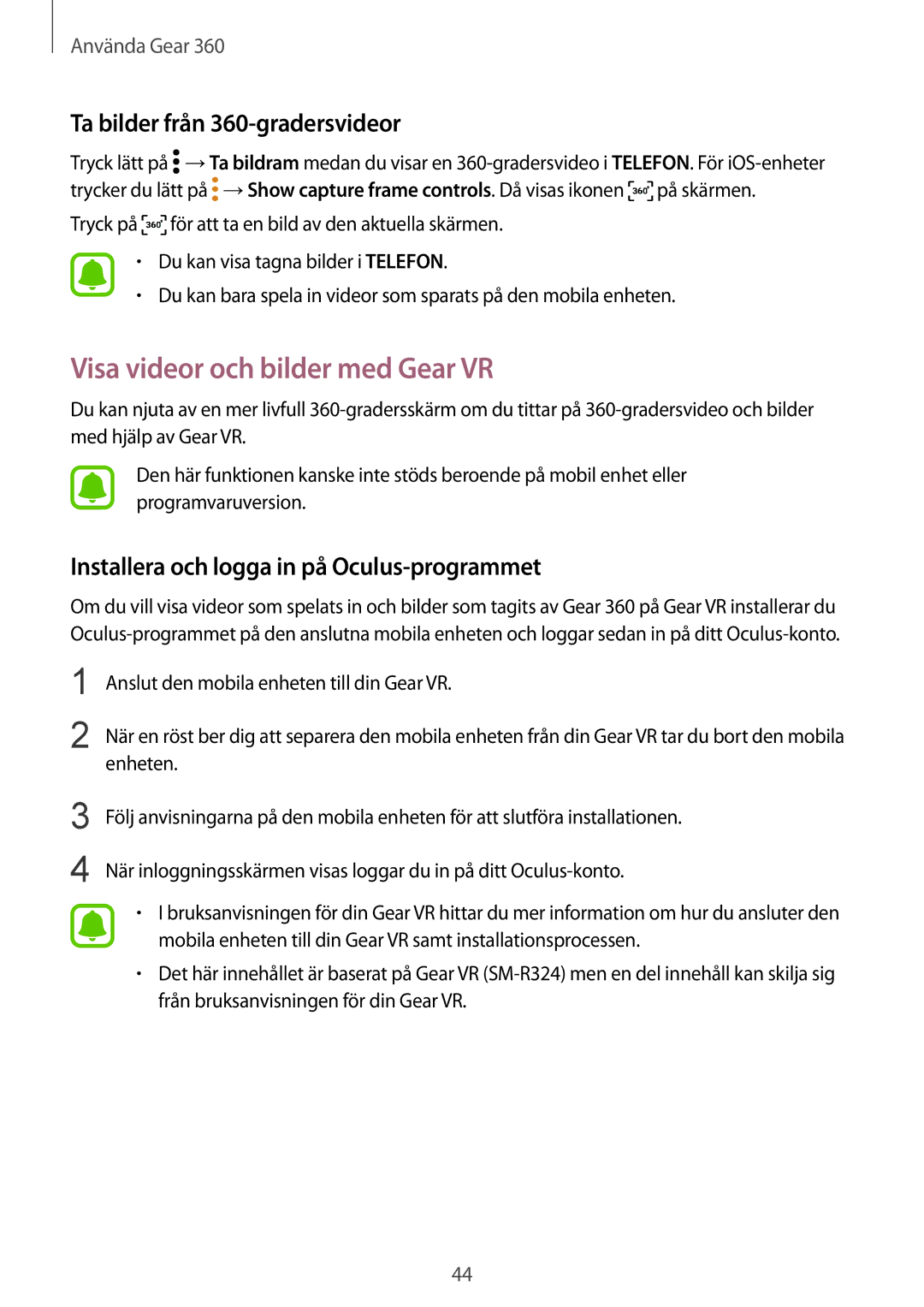 Samsung SM-R210NZWANEE manual Visa videor och bilder med Gear VR, Ta bilder från 360-gradersvideor 