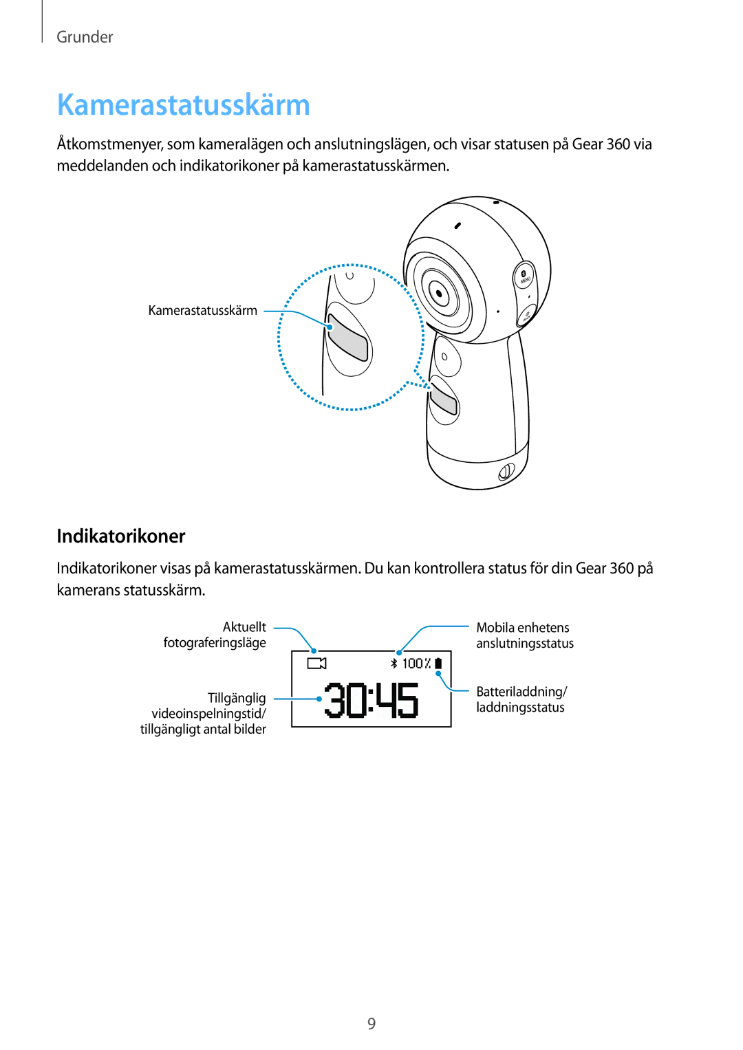 Samsung SM-R210NZWANEE manual Kamerastatusskärm, Indikatorikoner 