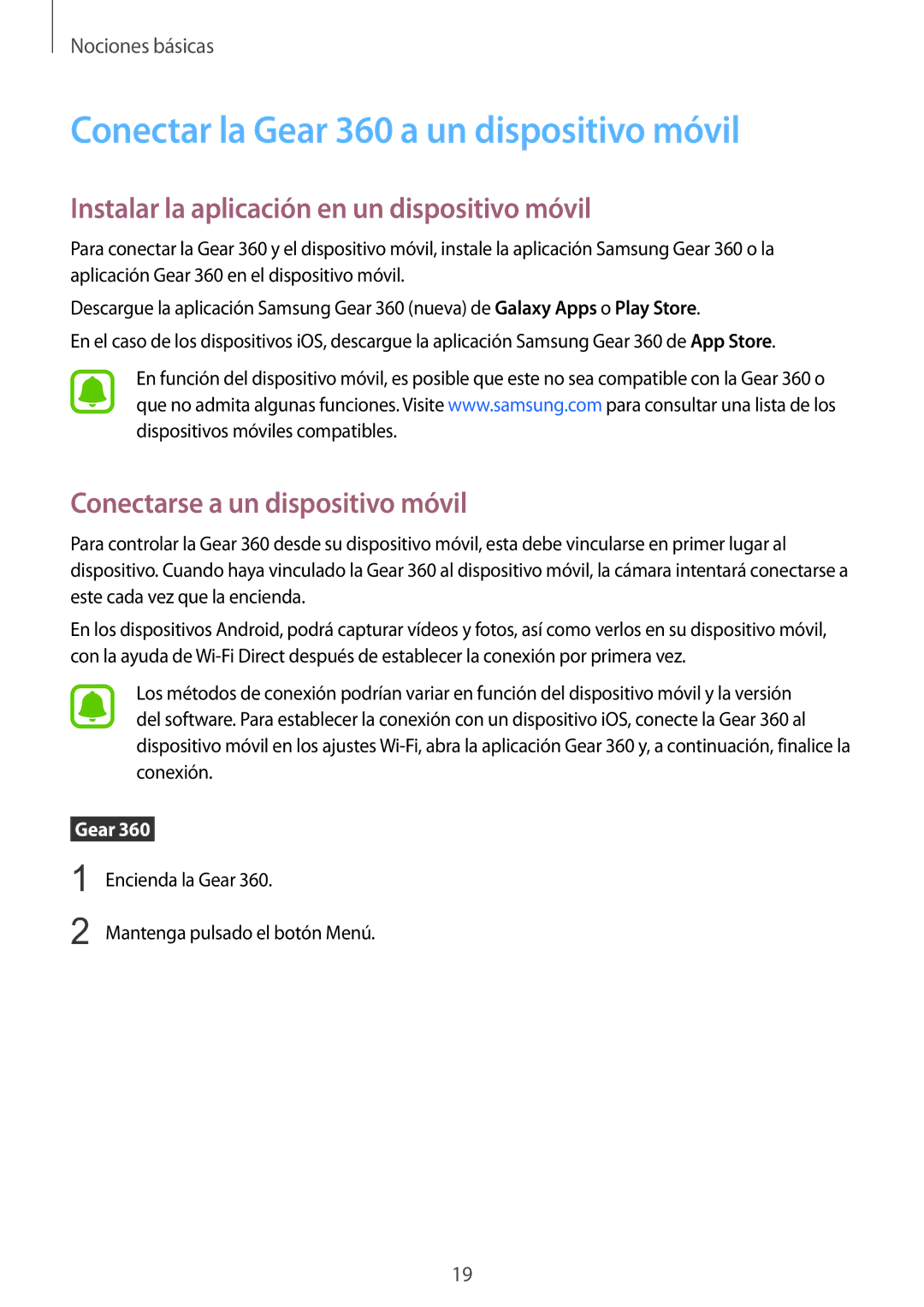 Samsung SM-R210NZWAPHE manual Conectar la Gear 360 a un dispositivo móvil, Instalar la aplicación en un dispositivo móvil 