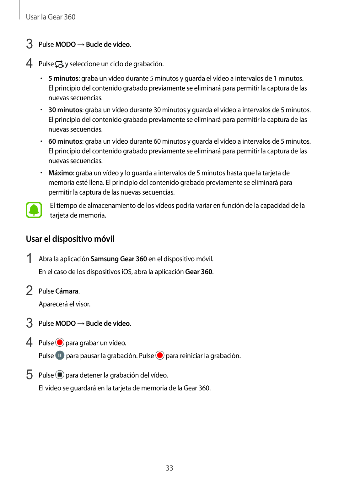 Samsung SM-R210NZWAPHE manual Pulse Modo →Bucle de vídeo 