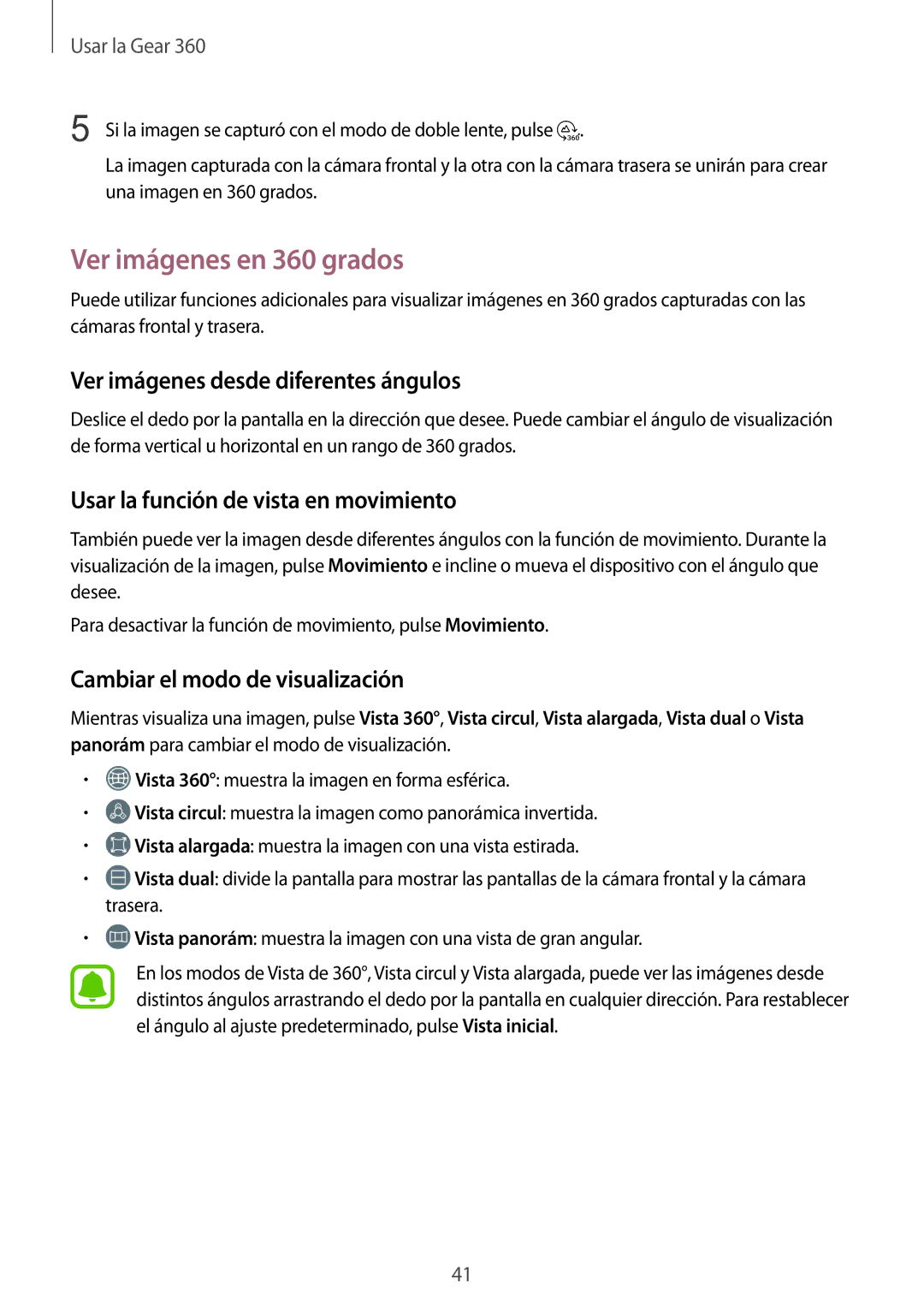 Samsung SM-R210NZWAPHE manual Ver imágenes en 360 grados, Ver imágenes desde diferentes ángulos 
