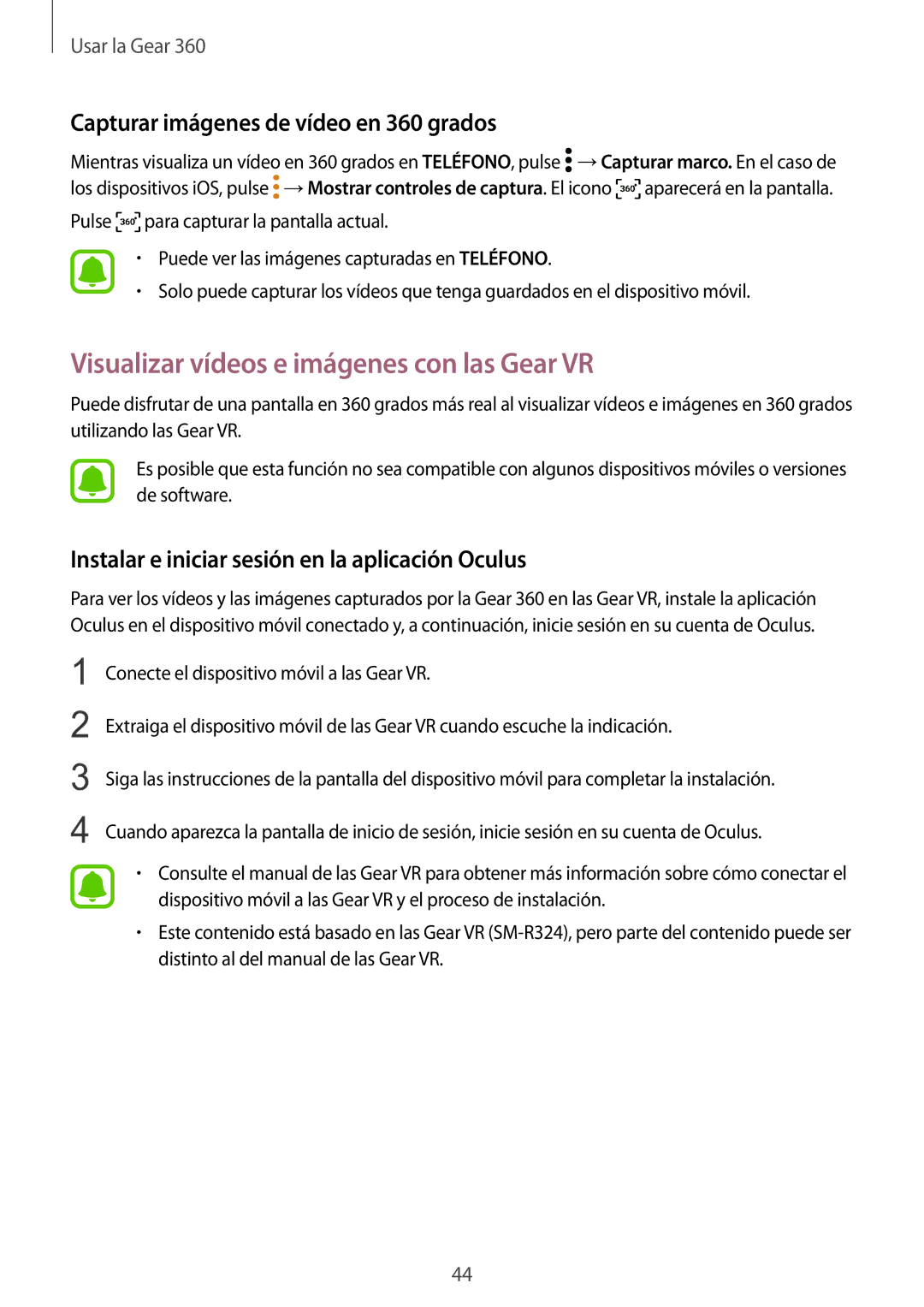 Samsung SM-R210NZWAPHE manual Visualizar vídeos e imágenes con las Gear VR, Capturar imágenes de vídeo en 360 grados 